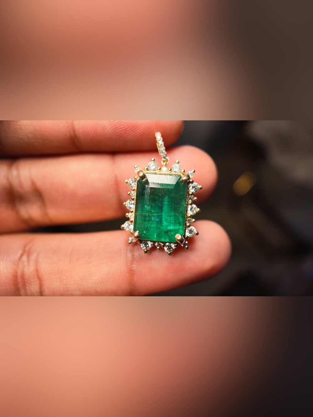 IGI Certified 10.17 Ct Natural Zambian Emerald 14K Gold Diamond Pendant